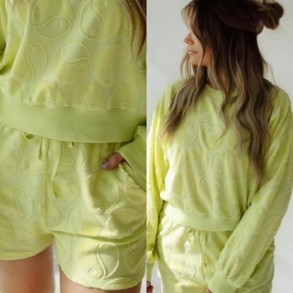 BRIXTON PHOENIX EVERYDAY LEISURE NEON LIME GREEN PULLOVER and SHORTS LOUNGE SET